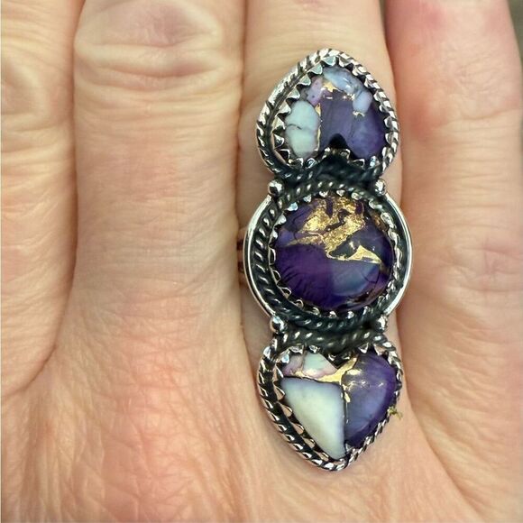 Southwestern Purple Copper Dahlia Turquoise Boho Statement Ring Sterling Silver - Picture 6 of 6